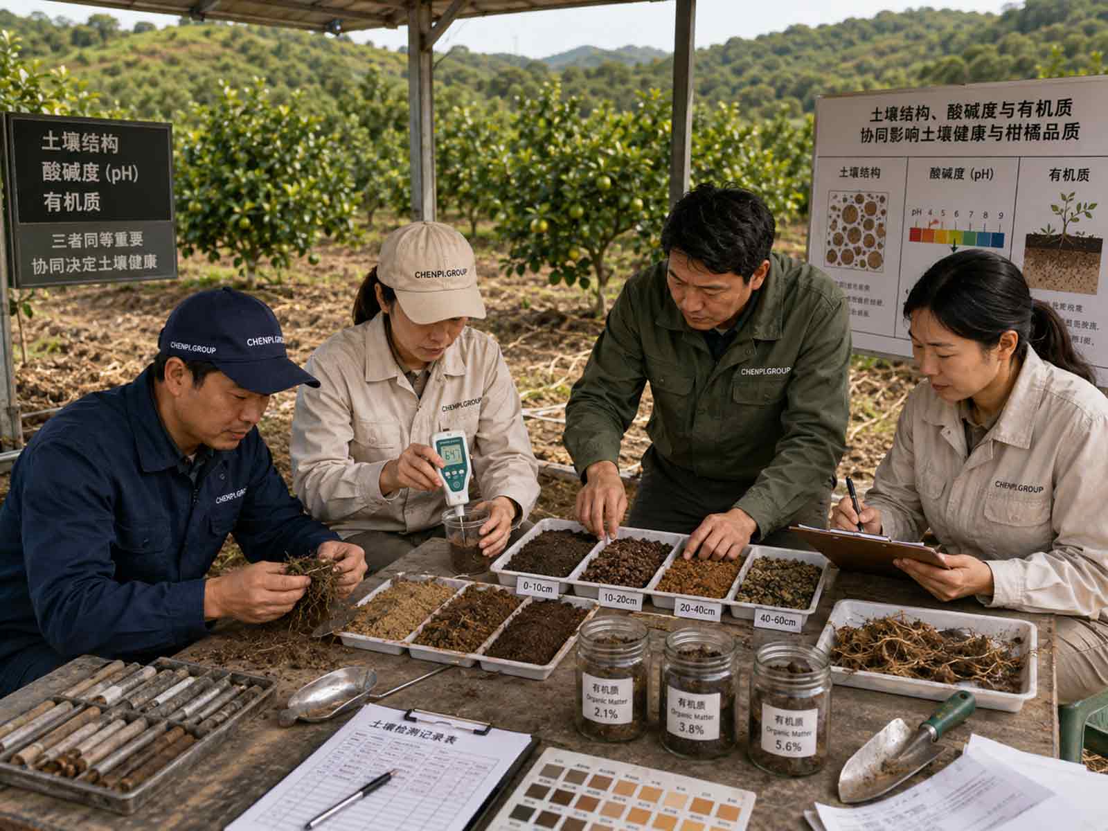 CHENPI.GROUP团队在土壤分析实验室比较土壤结构酸碱度与有机质含量