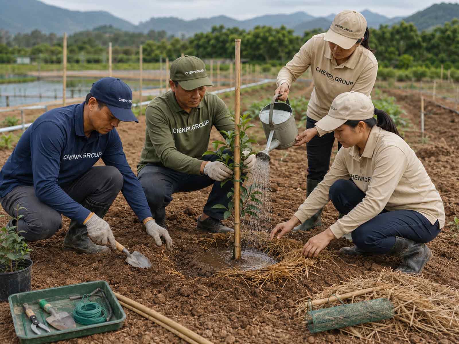 CHENPI.GROUP团队进行柑橘苗木定植并完成浇水支撑和根区保护