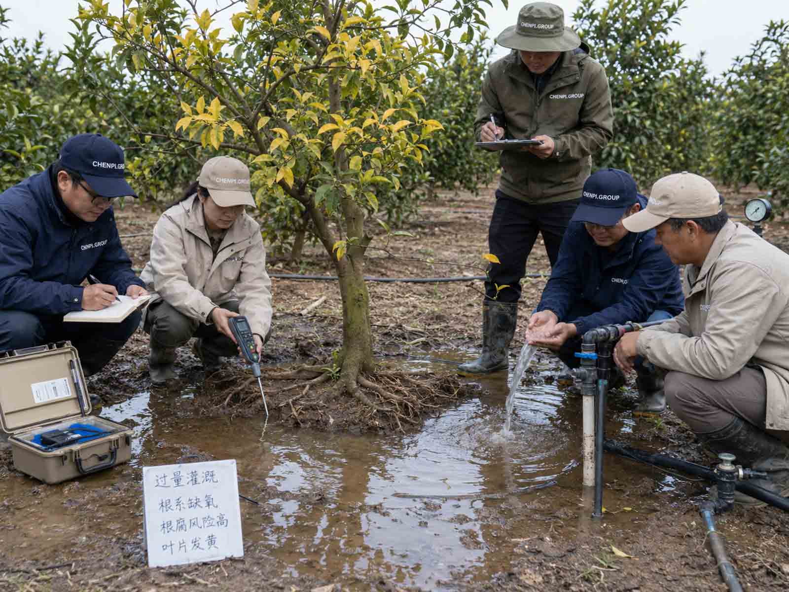 CHENPI.GROUP团队检查过量灌溉造成的根区积水、根系压力和叶片黄化