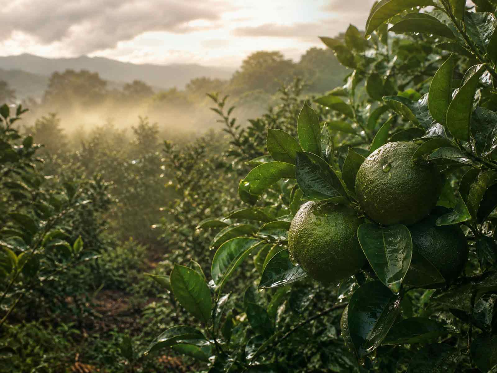 雨后带有水珠的青柑果实与湿润叶片
