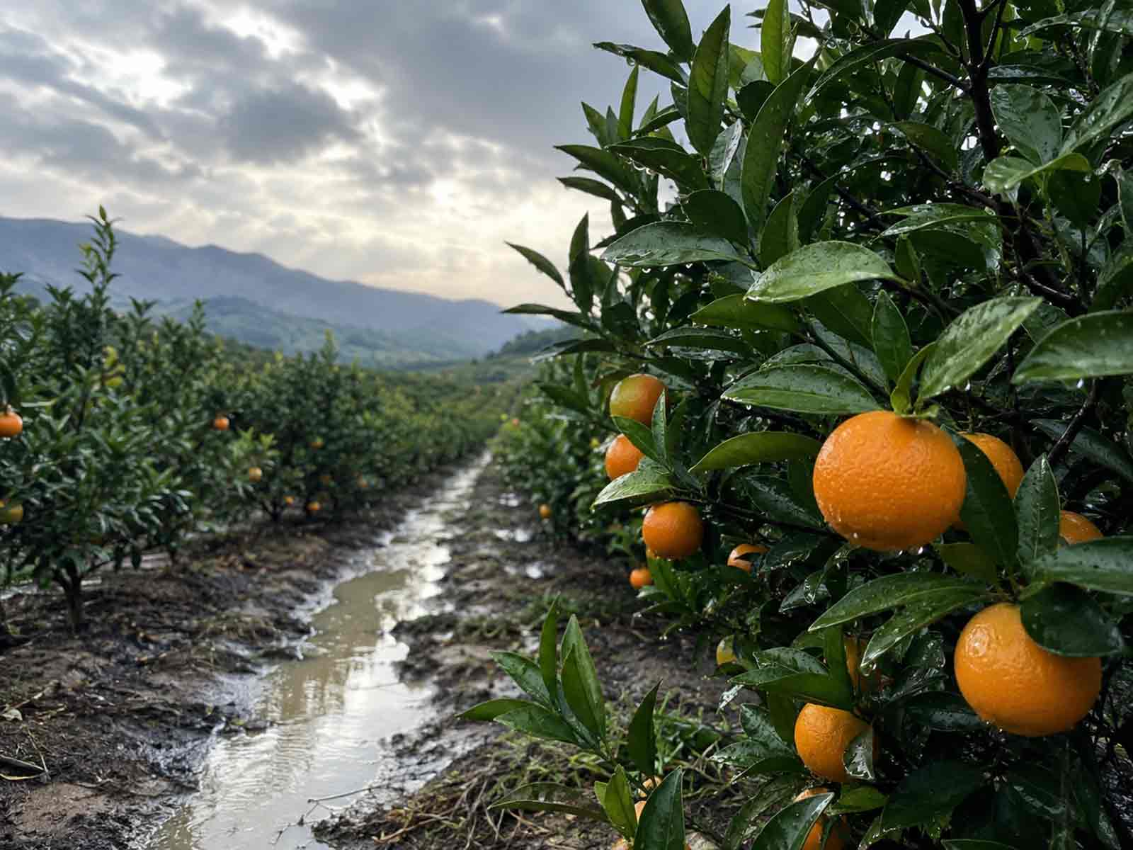 雨后积水与湿润土壤中的柑橘果园