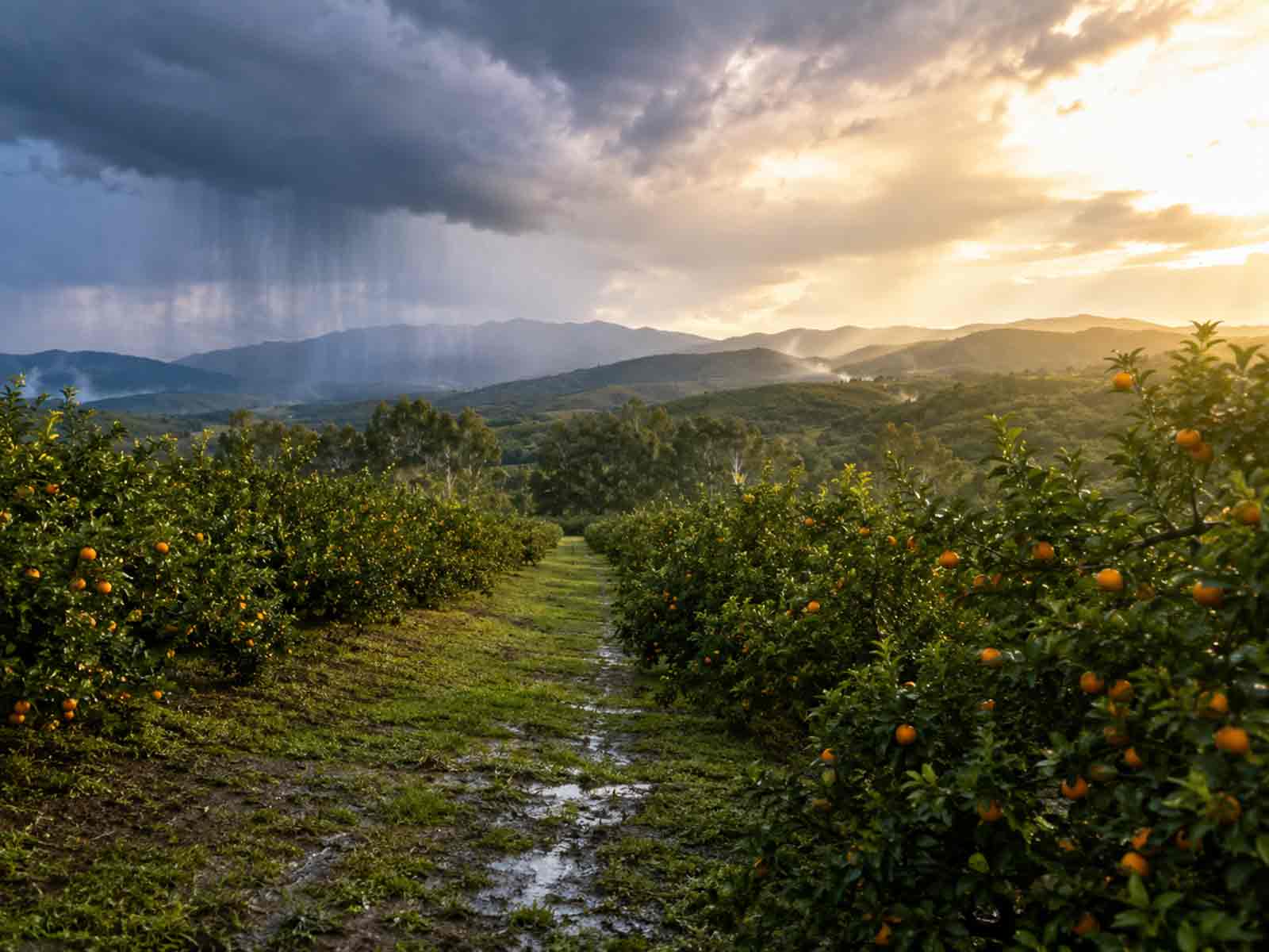 雨带与阳光同时出现的柑橘种植环境